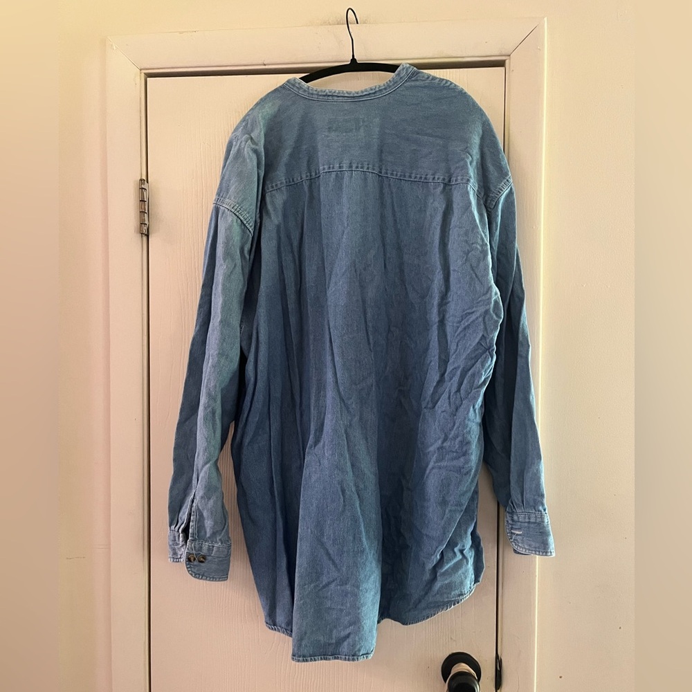 Men’s 90s Chambray Minimalist Preppy Denim Mandarin Collar Button Front 2X Shirt - Picture 4 of 6